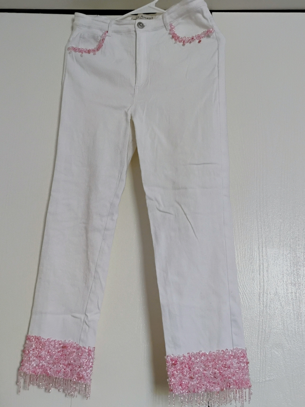 Ricci Andrist Italy Beaded Fringe White Jeans Pink Y2K Coquette 44 Boutique